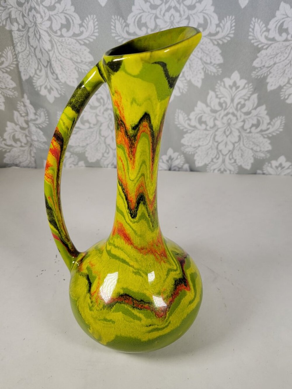 Vintage Drip Ware Clay Vase Pitcher w/Handle - Groovy Green Orange 9.25" Tall